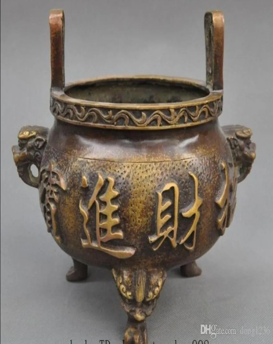 Old Chinese Buddhism Temple Bronze Wealth Lion Head Staty rökelse brännare censer6954046