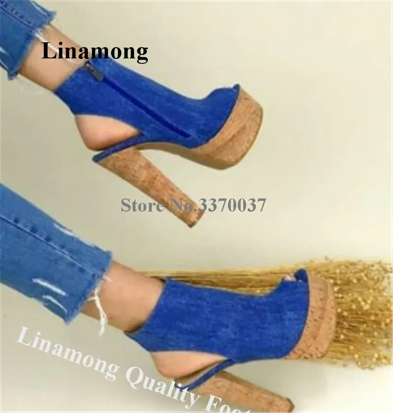 Boots Denim Short Boots Linamong Newest Peep Toe Blur Jean Cloth High Platform Woolen Chunky Heel Ankle Booties Fashion Heels