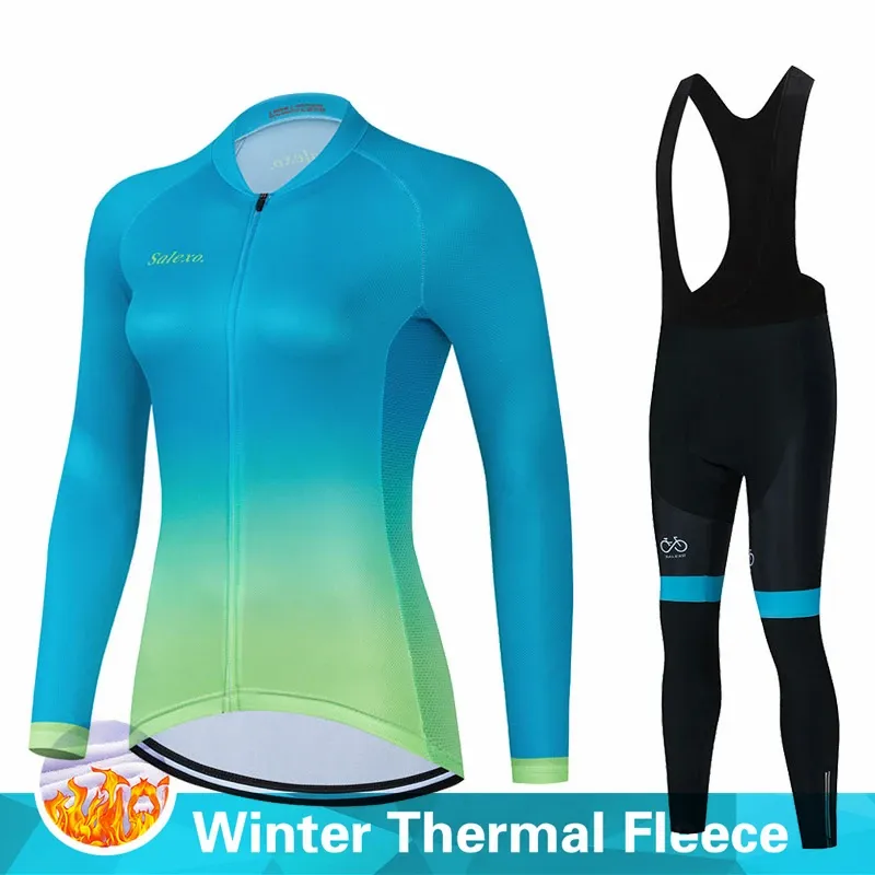 Varm 2023 Salexo vinter termisk fleece cykling kläder kvinnor tröja kostym utomhus cykel mtb kläder haklappar set ropa ciclismo