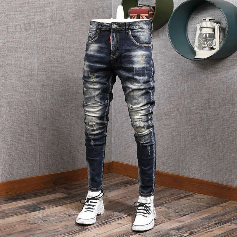 Jeans masculin mode Strtwear Men Jeans rétro Black Blue Blue Elastic Slim Fit Ripped Jeans REPLICATIONS HOMMES SPLICE CHERCHER PANTAL HIP HOP HOP DENIM T240409