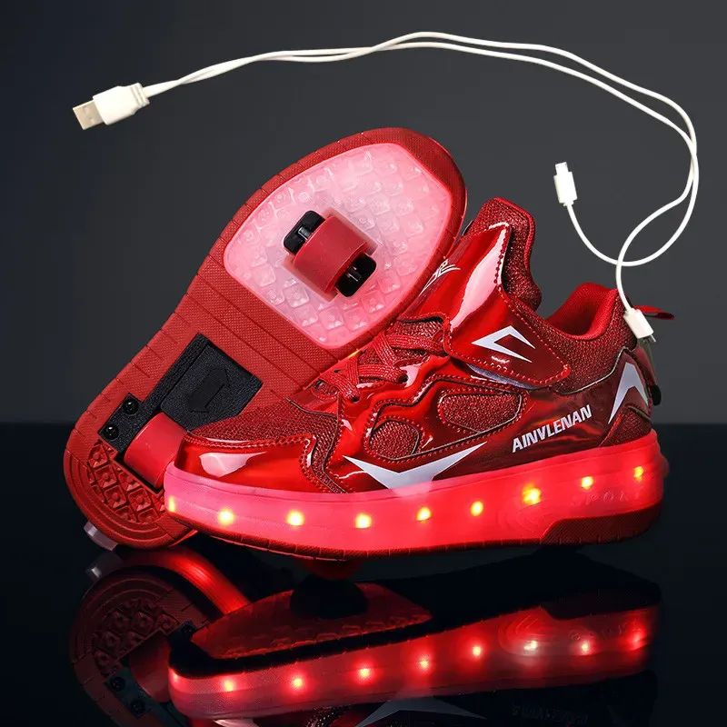 Sneakers Children Two Wheels Luminous Glowing Sneakers Black Pink Red Led Light Roller Skate Shoes Kids Led Shoes Boys Girls USB Charging