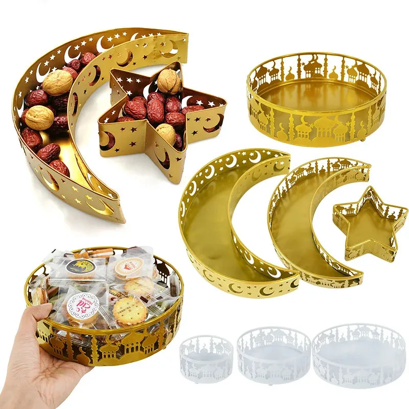 Eid Mubarak Moon Star Servando Bandeja Ramadan Decoração Contêiner de Armazenamento de Alimentos Eid al-Adha Islã Decoração de Partido Muçulmano Decor de Decoração 240403