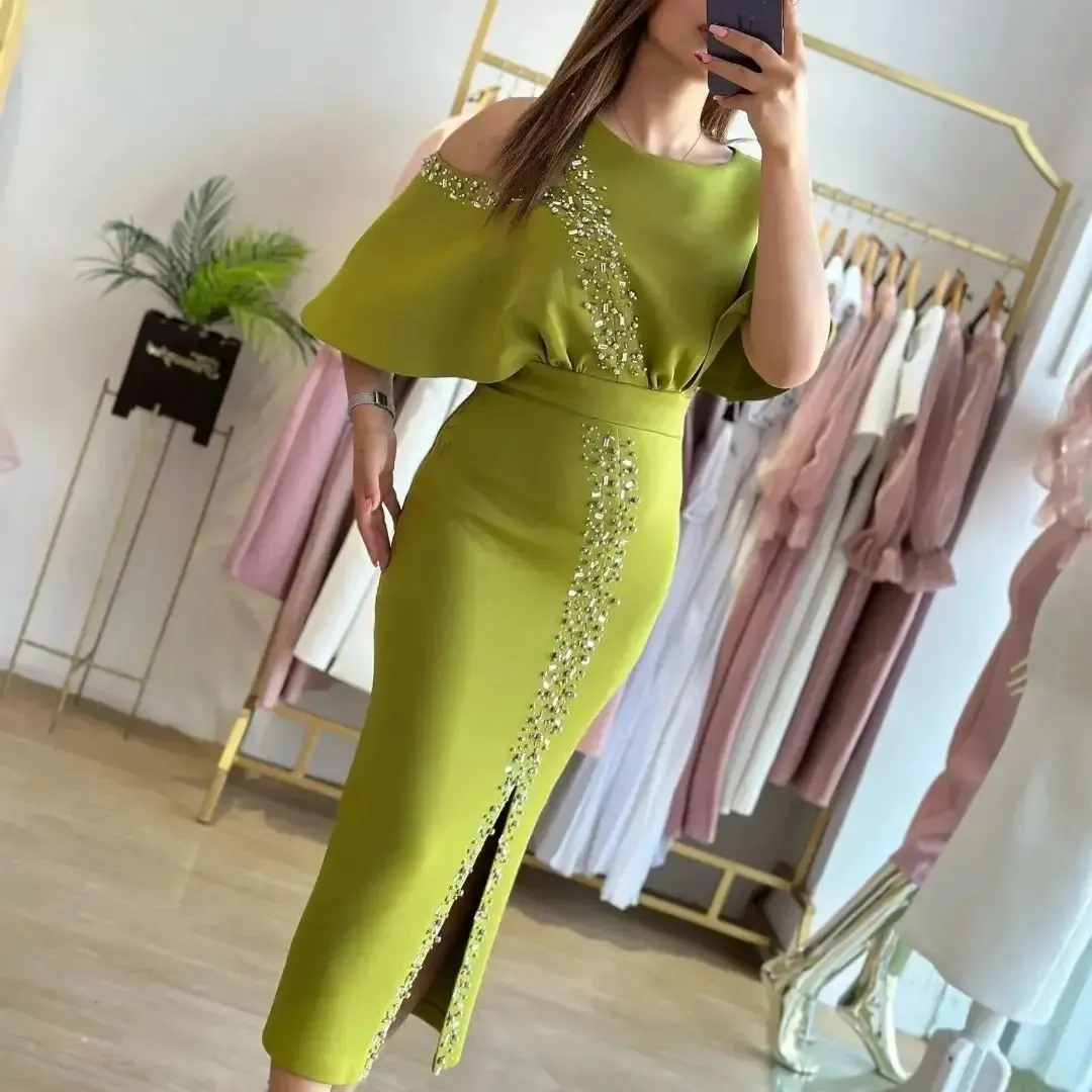 2024 Luxury Prom Birthday Dress O-Neck Half Sleeves Beaded Side Slit Satin Tea Length Evening Party Gowns Robes De Soriee
