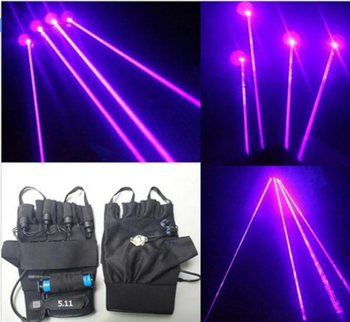 Neuankömmlinge 2pcs Violet Laser Handschuhe Tanzbühne zeigen Licht mit 4 PCs -Lasern und LED -Palmlicht für DJ Clubpartybars5783849