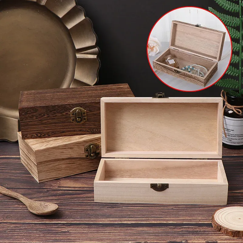 Plain Wooden Jewelry Box Rectangular Storage Box Clamshell Wooden Gift Box Wedding Supplies Ring Box Desktop Decoration