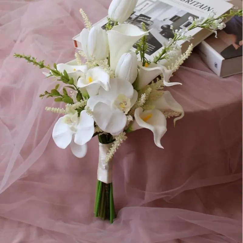 Dekorative Blumen Calla Lily Bridal Bouquet wiederverwendbarer Pu Phalaenopsis Orchidee in der Hand Satin Tuch simuliert