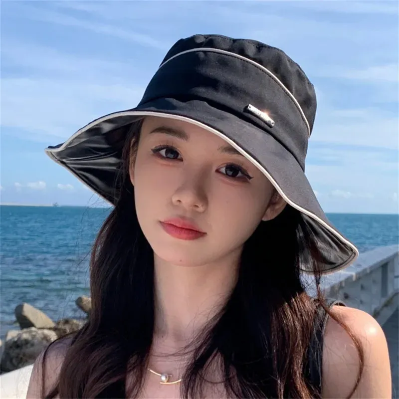 Chapéu de sol para mulheres com proteção UV cor sólida em gel preto pescador ao ar livre verão damas do sol no estilo Ladylike240409