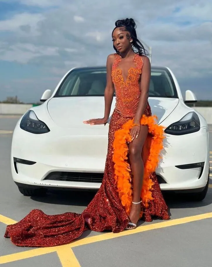 Orange Sparkly Long Evening Birthday Dresses For Black Girl 2024 Gillter Diamond Feather Velvet Prom Gown Vestidos de Gala