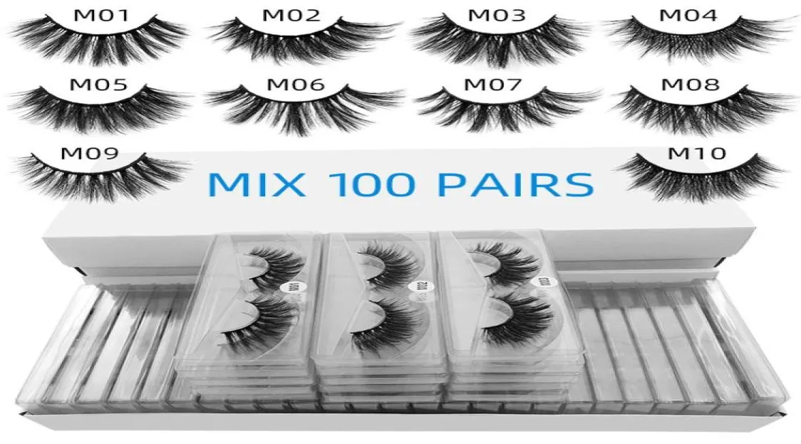 Ложные ресники 100 пар много глазного хвоста удлиненный стиль микс 10 стилей 3D Mink ресницы Натуральный длинноночный макияж прозрачный L3101057