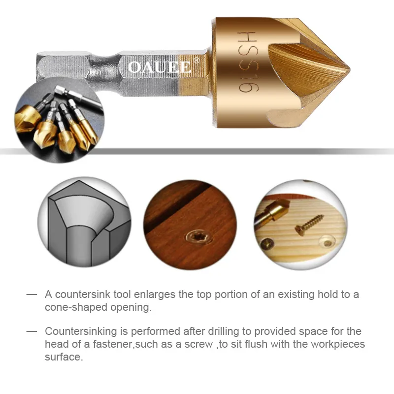 6-Piece HSS Chamfer Countersink Set - 1/4" Hex Shank, 6mm To 19mm Sizes, For Wood & Plastic