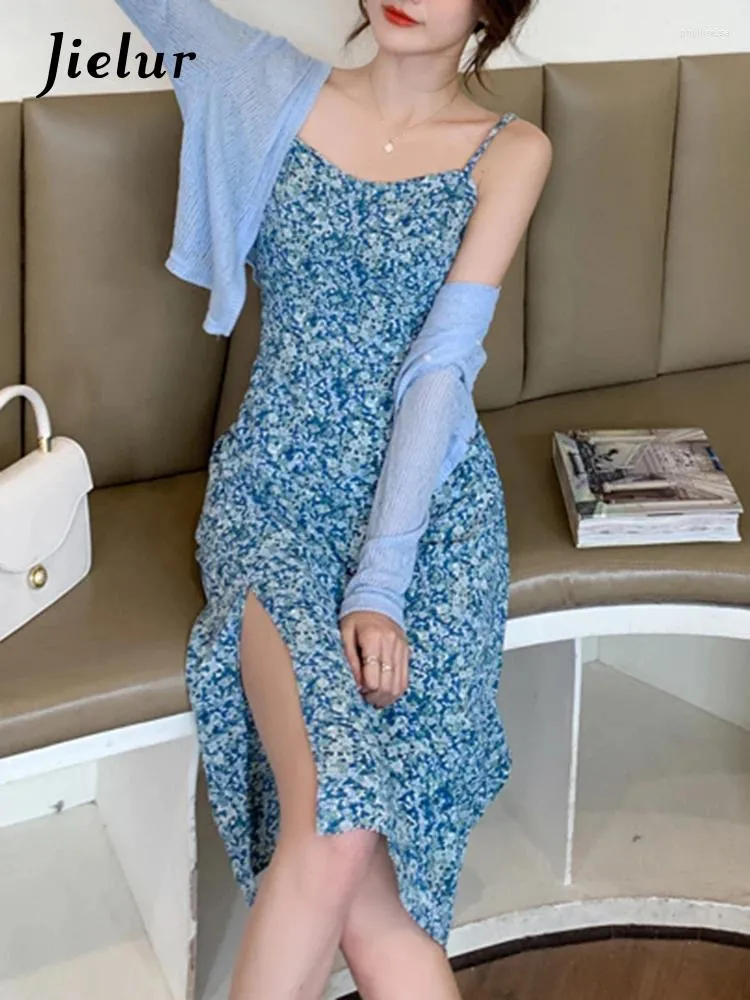 Casual Dresses French Style Two Piece Set Printed Women Strapless Chiffon Split Dress Solid Color Simple Fashion Streetwear