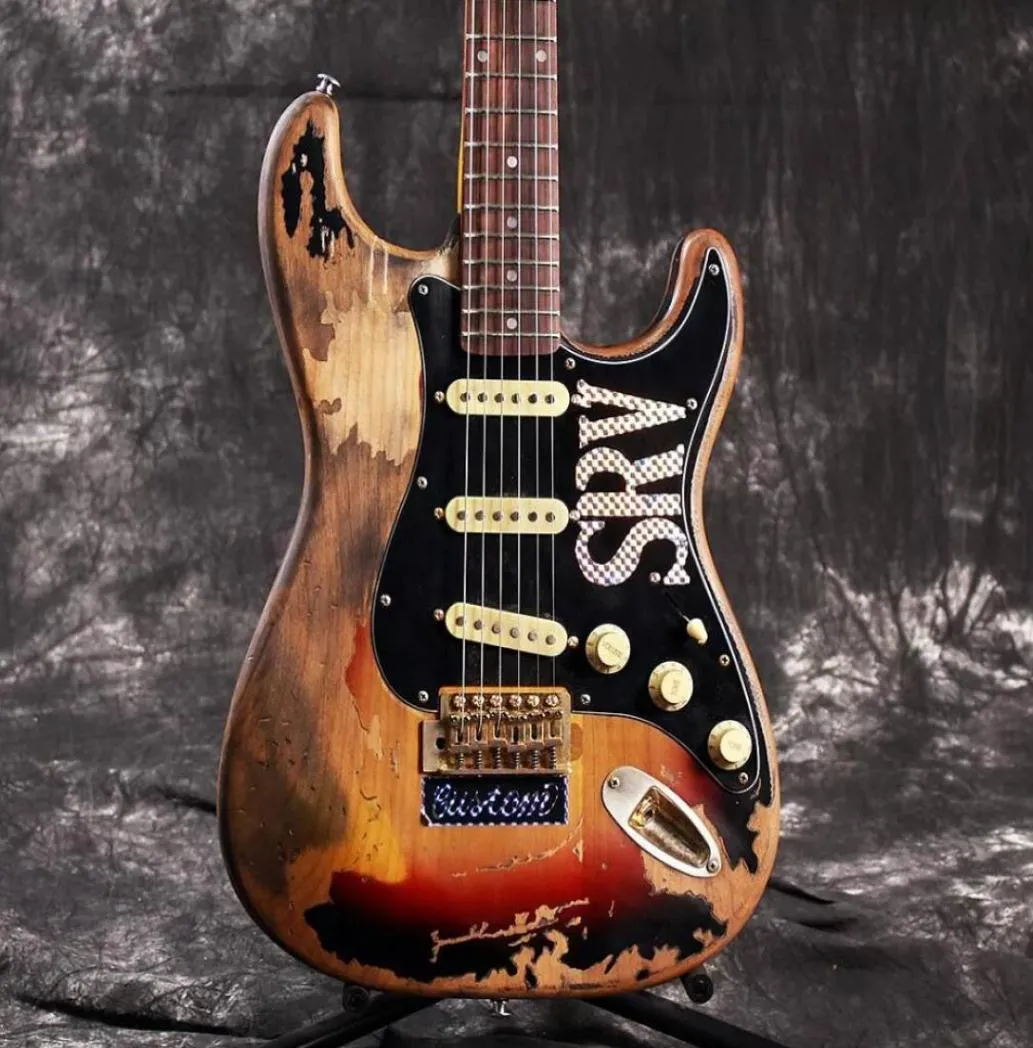 Masterbuilt Relic Stevie Ray Vaughan 3 Ton Sunburst SRV Elektrikli Gitar Sol elle Tremolo Köprüsü Alder Vücut Vintage Tuner G9702991