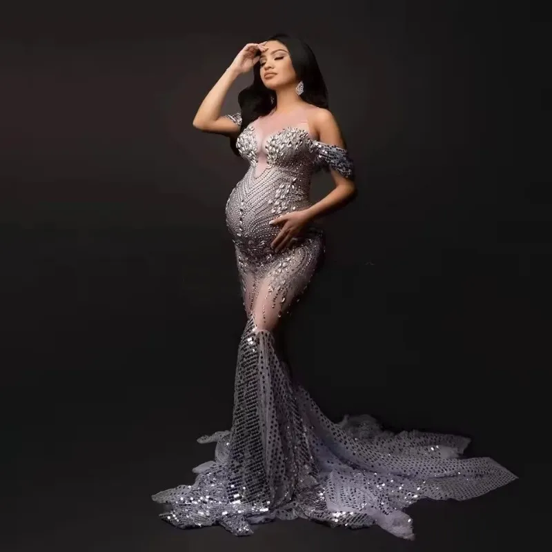 Glitzer Perlen Mutterschaftskleider für Fotoshooting sexy Kristall Diamant lange schwangere Kleider Frauen Federn Meerjungfrau Kleid