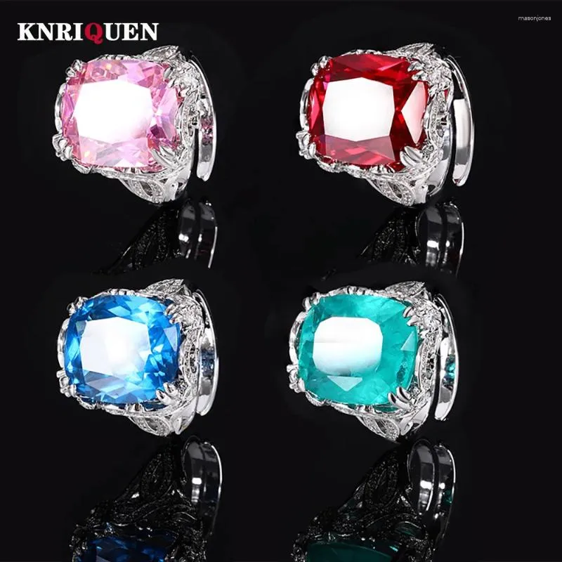 Cluster Rings Charms 14 16mm Aquamarine Emerald Ruby Ring For Women Lab Diamond Gemstone Cocktail Party Fine Jewelry Lady Anniversary Gift