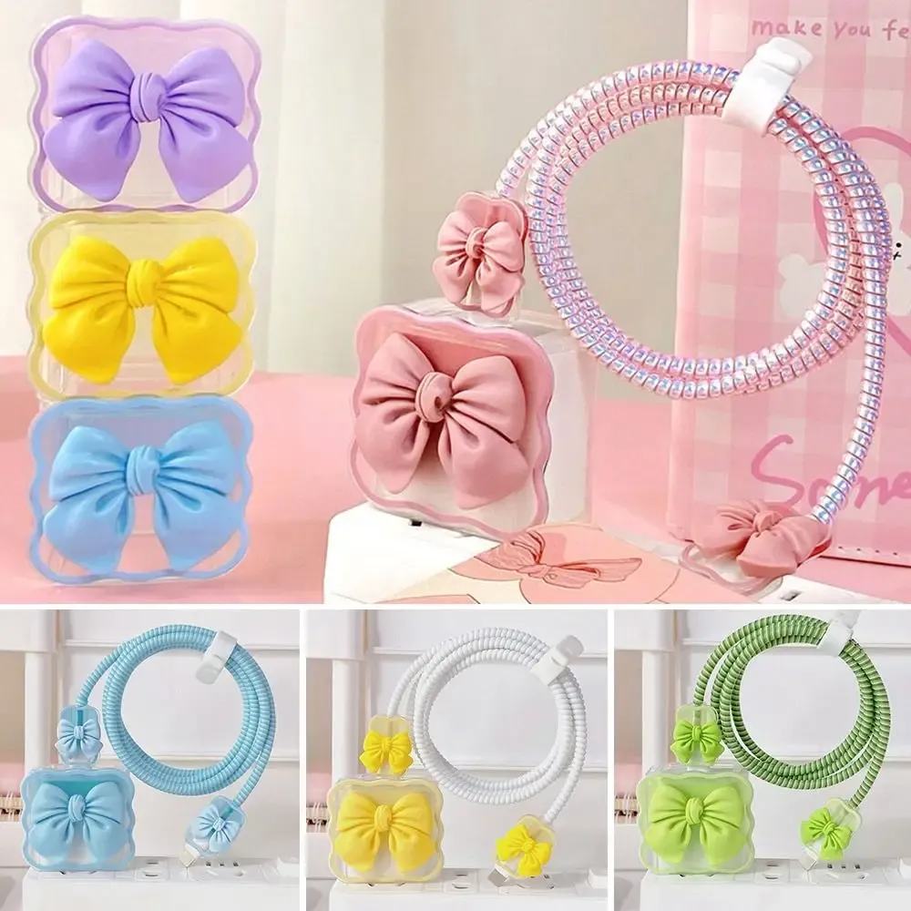 Gradual Clear Charging Cable Protector Case Cute Bow Knot Charging Safe Plug USB Protector Cover For iPhone 18/20W