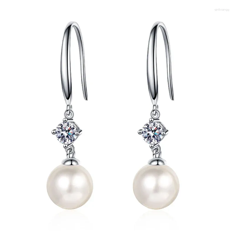 Studörhängen S925 Sterling Silver 8mm Freshwater Pearl Ear Hook With Four 0,3CT Moissanite for Women