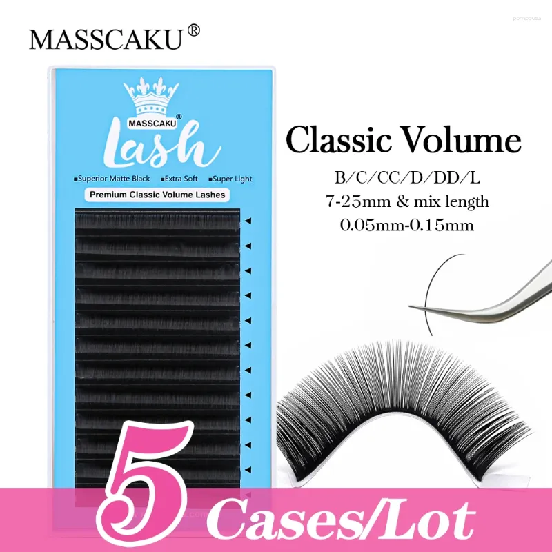 Falska ögonfransar Masscaku 5Cases/Lot 12rows Outstanding Classic Volume Eyelash Korean PBT Individual Silk Matte Black Fluffy Extension