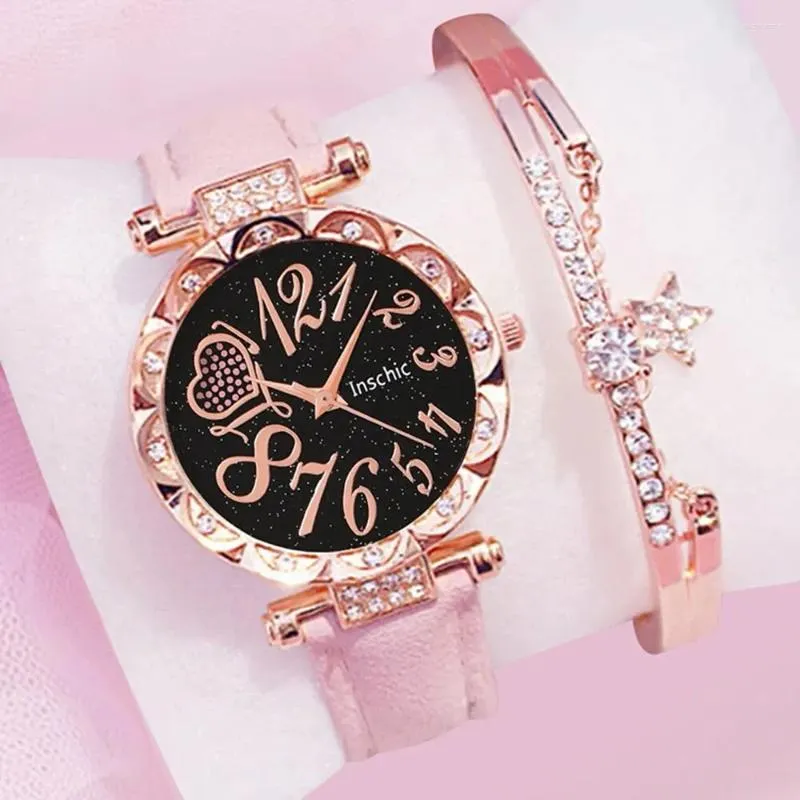 Montre-bracelets 2pcs Watch Watch Watch Watch Pink Heart Pathey Cuir et 1 Bracelet décontracté de la mode étoile à cinq points