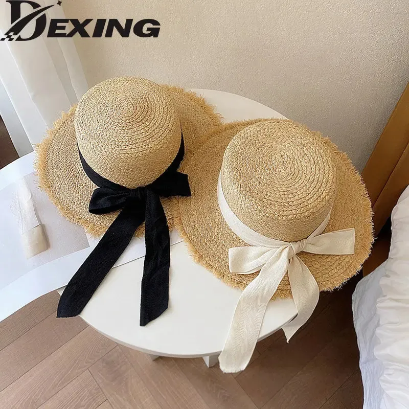 Korea Natural Raffia Wide Birm Sun Hat Daily Casual Falt Straw Black White Bow Weave UV Blocking Beach Vacation Panama240409