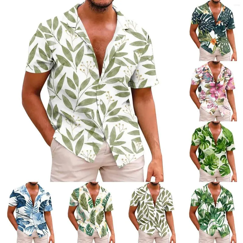 Men's Casual Shirts Printed Fashionable Button Up Short Sleeved Shirt Romper Summer Tee Dress