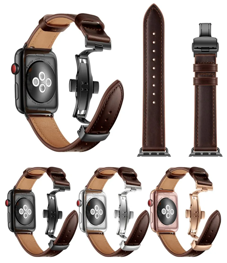 WSIRAK Black Armband Butterfly Clasp Rem Belt äkta läderslingband för Apple Watch Series 1 2 3 4 5 6 7 8 SE 38mm 40mm 42M6801385