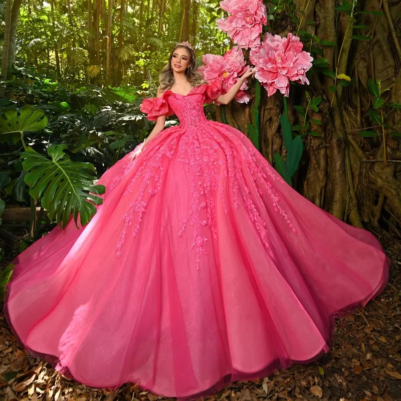 Rose Red Quinceanera -jurk van de schouderapplique kanten tull ball jurk vestidos para 15 Vestido anos lovertjes verjaardag prom jurk