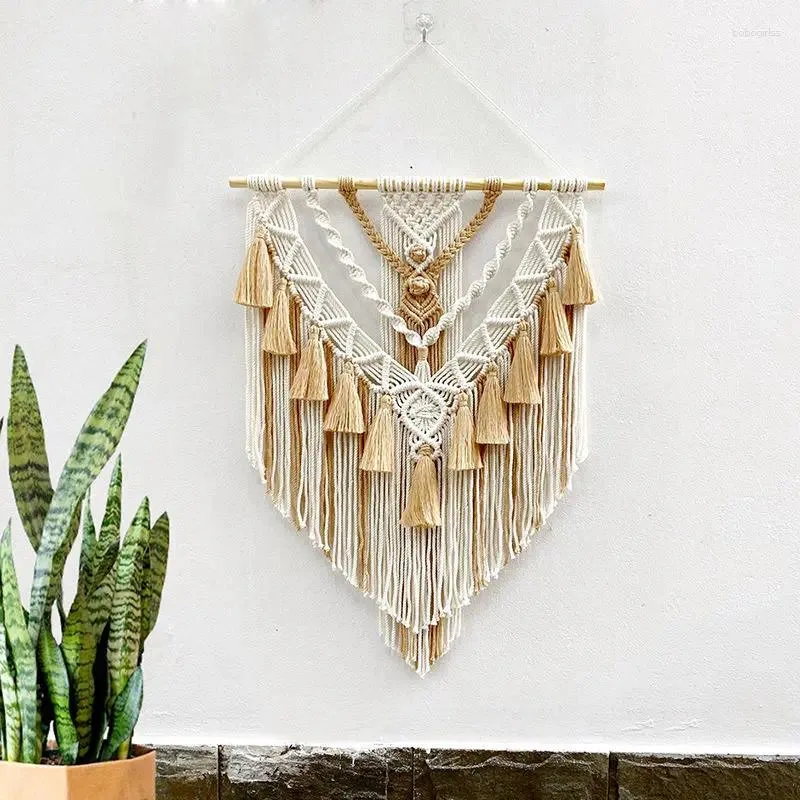 Tapisses Bohemian Macrame Coton tissé à la main Corde en coton Boho Tapestry Home Decor Creamy-White Mur suspendu décoration Art