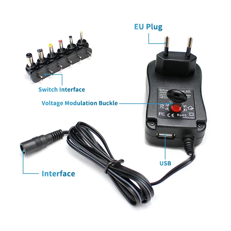 Adaptador de fuente de alimentación ajustable 3V 4.5V 5V 6V 7.5V 9V 12V 2A 2.5A AC/DC Cargador de adaptador universal para la bombilla LED CCTV