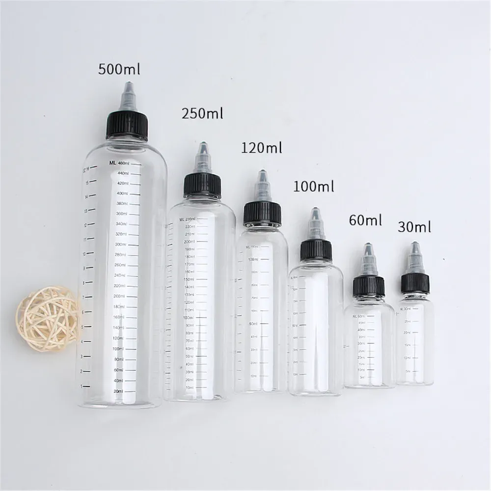 30 ml / 60 ml / 100 ml / 120 ml / 250 ml en plastique Rechargeable Bouteille Pet à l'huile Liquide Mottes Twist Capuchon Tatoo Tatouage Pigment Encre Contenants