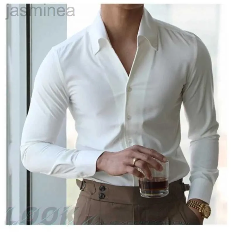 Camisas casuais masculinas masculas camisas de colarinho italiano sem rugas casuais moda slim-fit com uma lapela design de design juvenil novo 2449