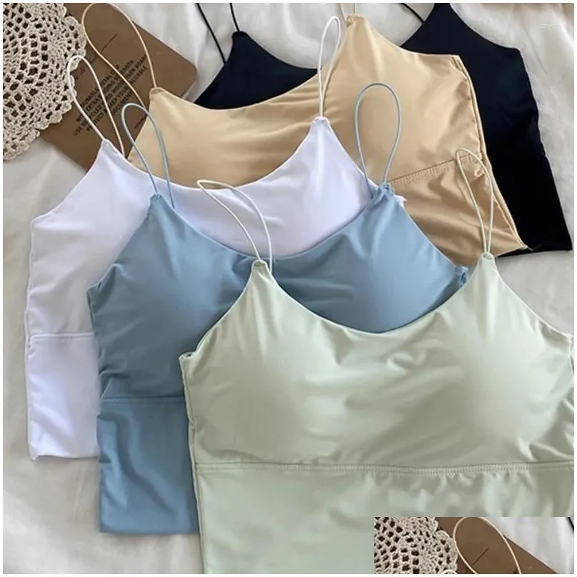 Camisoles & Tanks Summer Women Crop Top Y Solid Color Camisole Ice Silk Tube Seamless Sport Wireless Underwear Padded Bra Bralette Dr Dhadm