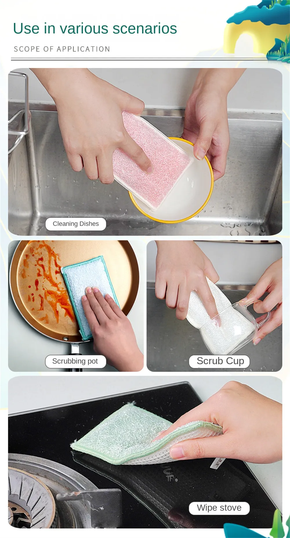 2/4/Bamboo Fiber Sponge Dishwashing Rag Double-sided Reusable Household ...