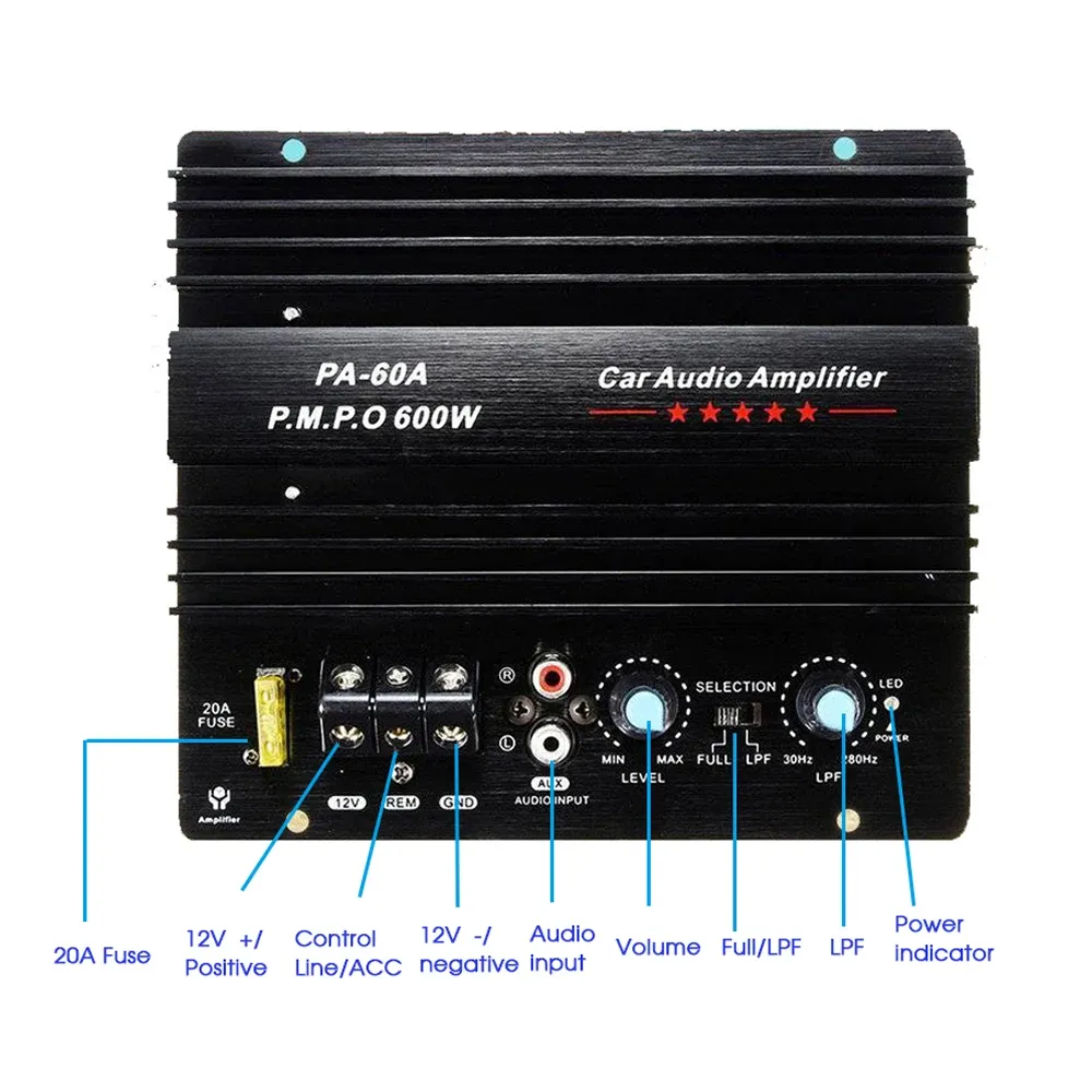 앰프 새로운 12V 600W PA60A 스피커 서브 우퍼베이스 모듈 고전력 자동차 오디오 액세서리 모노 채널 내구성 무한 앰프 보드