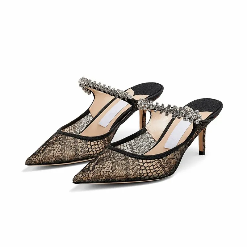 Bing Sandales en strass de cristal Embellies Mules à talons hauts Black Lace Flore Covery Cover Talons Slippers Point Toe Femmes Chaussures habillées 35-43