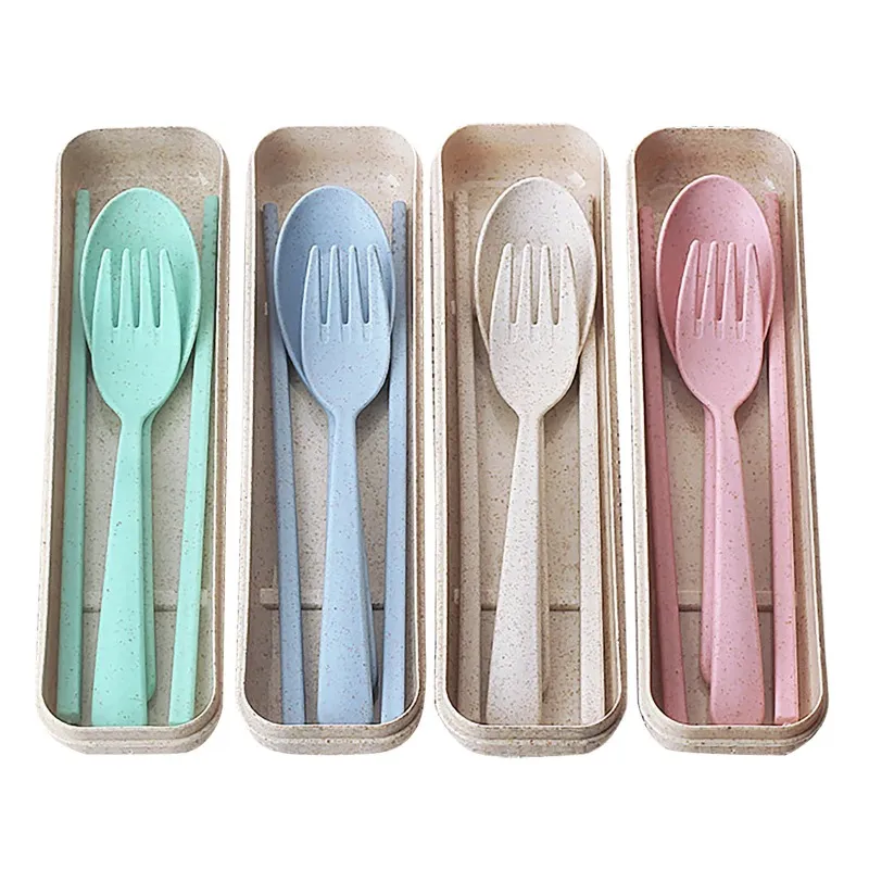 Travel Cutlery Portable Cutlery Box Japan Style Wheat Straw Spoon Chopstick Fork Student Dinnerware Sets Kitchen Tablewfor Wheat Straw Cutlery