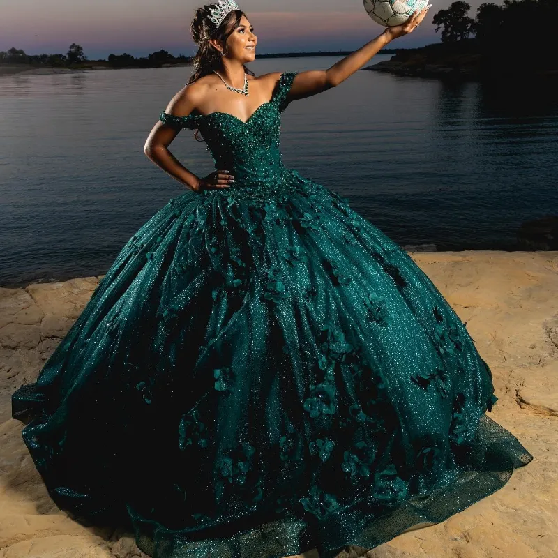 Blackish Green Quinceanera Dresses Ball Gown Birthday Party Dress Lace Up Graduation Gown Beads Flower quinceanera de 15 anos 2024
