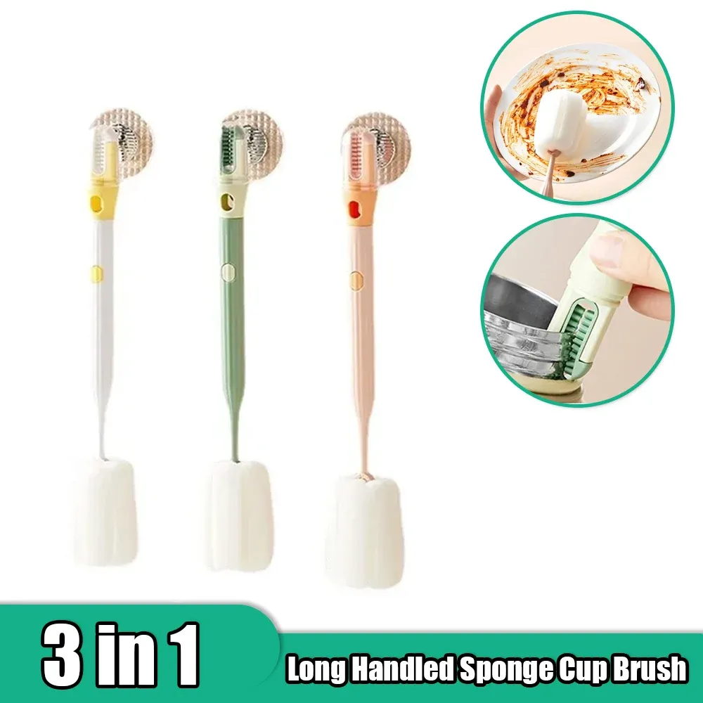 3 in1 Long Handled Sponge Cup Brush Detachable Gap Cleaning Brush Feeding Bottle Brush Home Water Cup Cleaning Tools