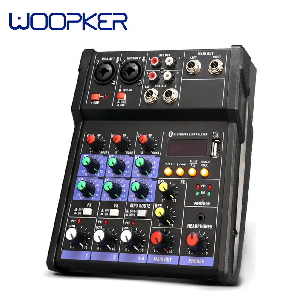 Mikrofoner Portable Digital Audio Mixer DJ Controller Equipo de Sonido med USB Mp3 Jack 4 -kanaler Professionell Tabell de Mixage Audio