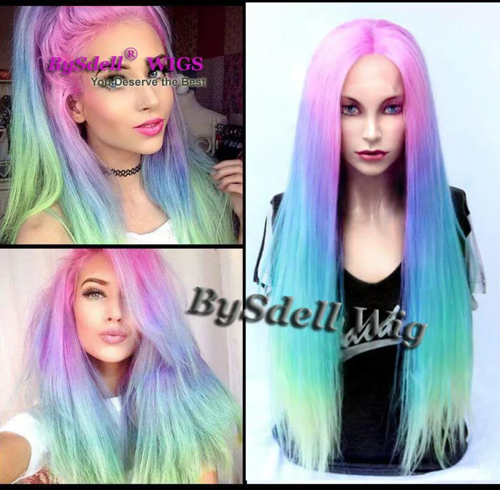 Premium Sexig skönhet Lady Pastel Pink Blue Purple Green Colorful Rainbow Hair Front Lace Wig Syntetisk anime Cosplay Spets Front Wig1458415