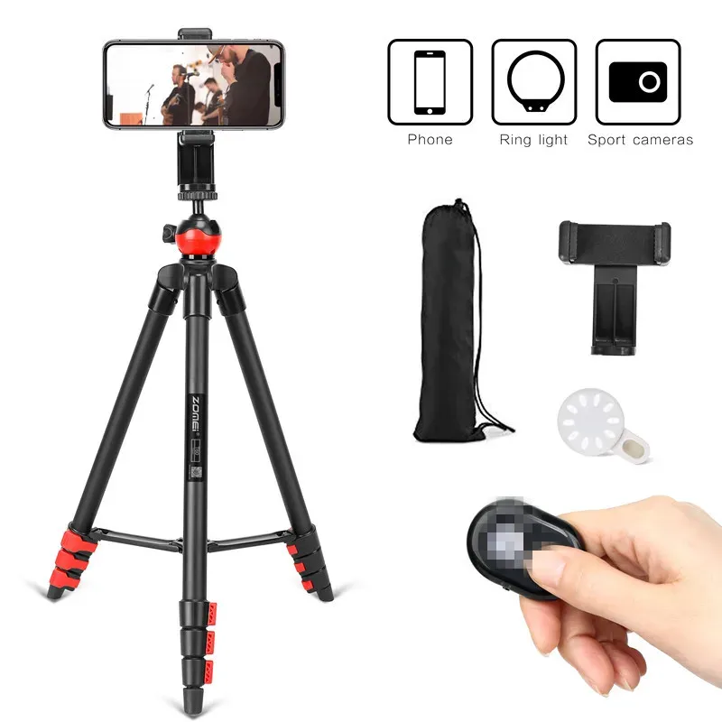 Tripés ZOMEI T60 Tripé leve profissional Bluetooth Remote Control Tripode Stand com suporte para telefone para câmera GoPro Smartphone