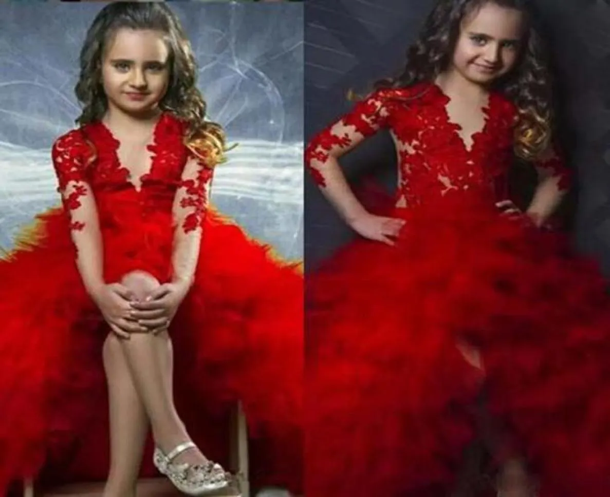 Modest Red 2K17 Flower Girls Dresses per le applicazioni formali illuse per illuso maniche lunghe Hi Lo Girls Girls Pageant Abiti Fo3956040