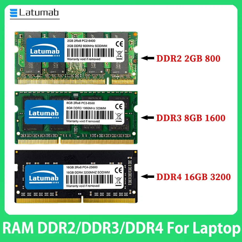 Rams Latumab Sodimm Memoria DDR4 DDR3 DDR3L DDR2 16GB 8GB 4GB 2GB 3200 2666 2400 2133 1866 1600 1333 800 667 MHzラップトップRAMメモリア
