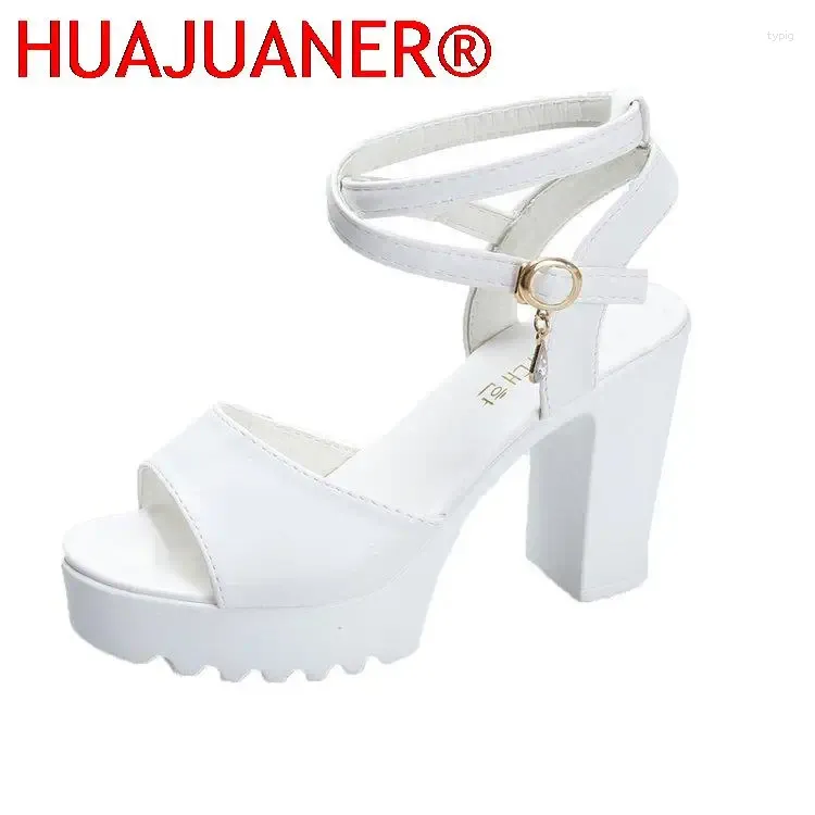 サンダルHuajuaner Shoes Summer Fashion SolidPu Fish Mouth Rhinestone Platform Backle Strap High Heel Shoe