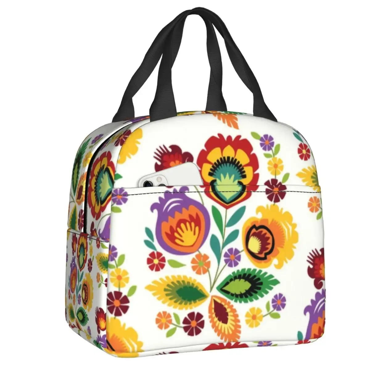 Kör polska folkblommor Portable Lunch Box Polen Floral Print Cooler Thermal Food Isolated Lunch Bag For Women Kids Picknickväskor