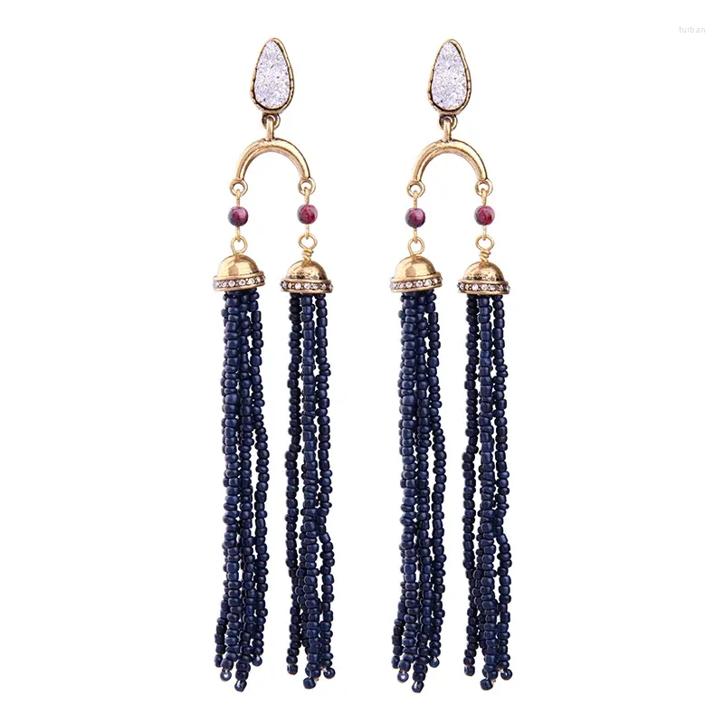 Dangle Earrings Dark Blue Acrylic Beads Tassel Long Ethnic Style Statement Handmade Ear Accessories For Women