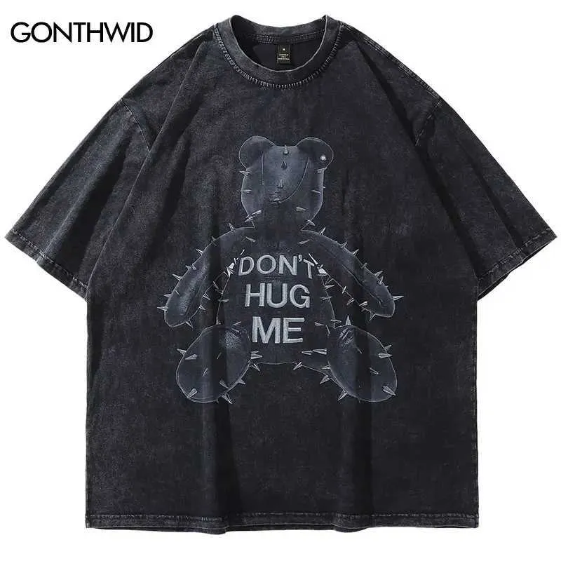 T-shirts masculins 2023 Hip Hop Streetwear surdimensionné T-shirts vintage ours Gothic Wasted à manches courtes lavées T-shirt Summer Punk Cotton Mâle Tops J240409