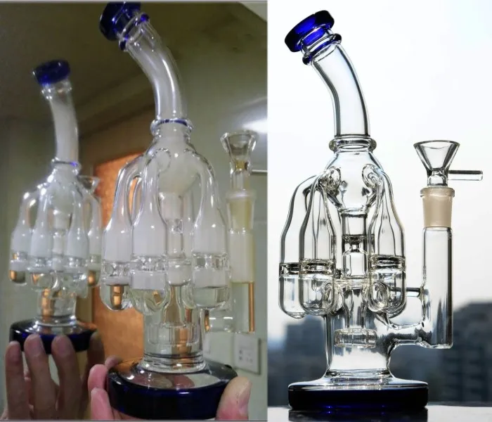 Blå glas vattenpipa rökning vatten rör återvinnare shisha bongs percolator honungskaka skiva fem armar glas