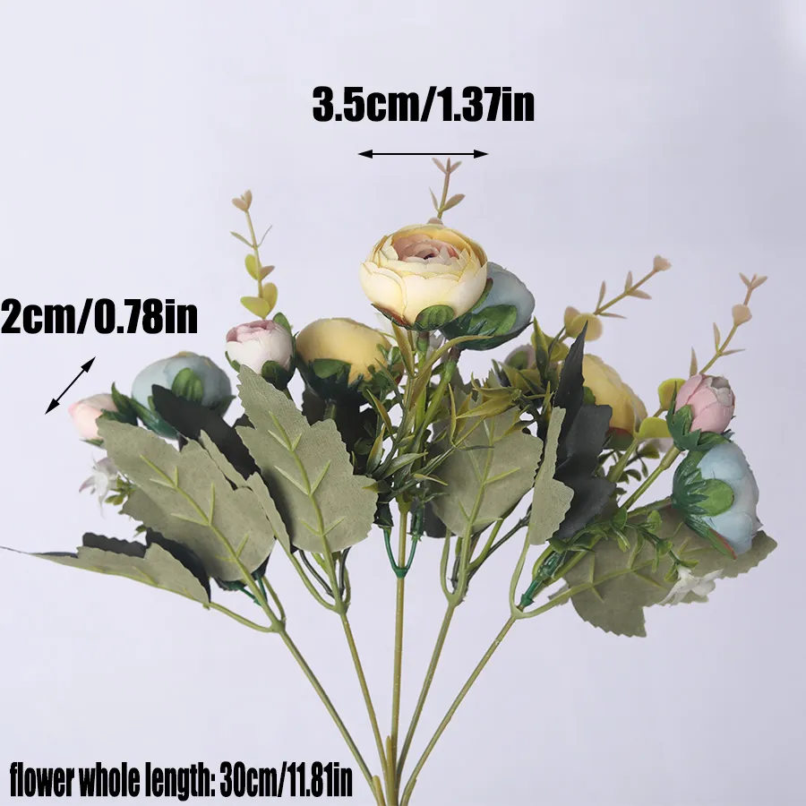 European Vintage Artificial Silk Tea Rose Flowers 6 Head 4 Small Bud Bouquet Wedding Home Retro Fake Flower Party Diy Decoration