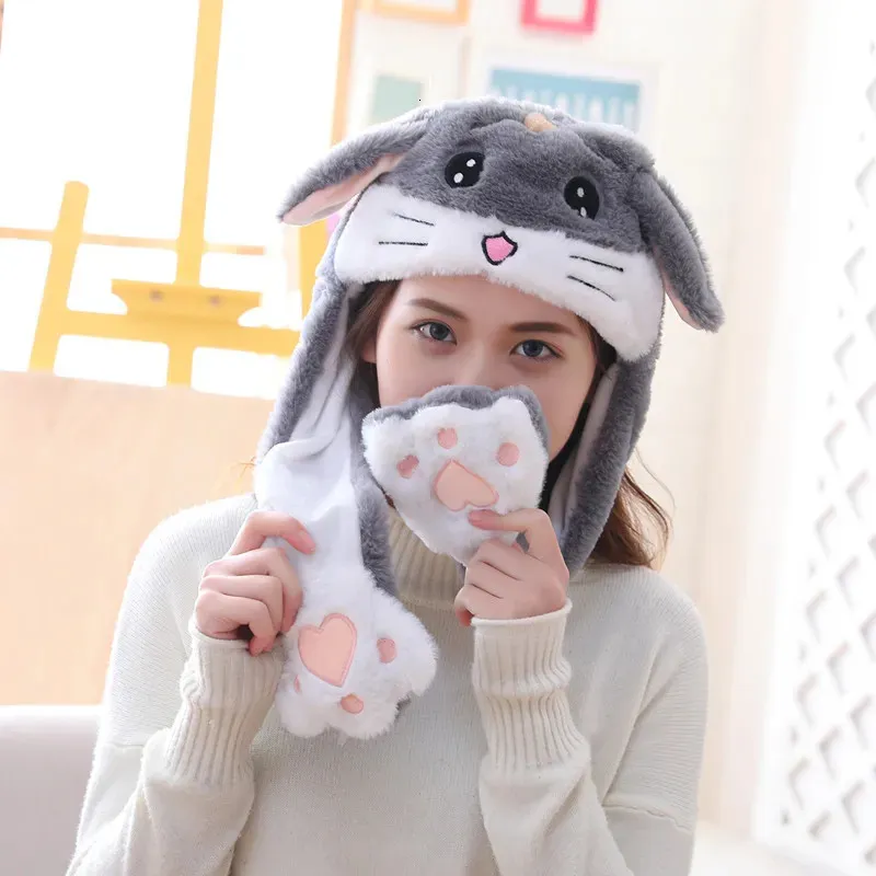 Cappello In Peluche Con Orecchie Di Coniglio Che Si Muovono – Premendo La Zampa Si Alzano – Bianco, Per Cosplay, Carnevale E Regali Invernali
