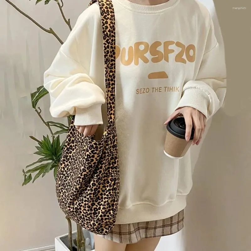 Axelväskor leopard tryck canvas väska crossbody tryckt tyg handväska tote livsmedelshandväskor